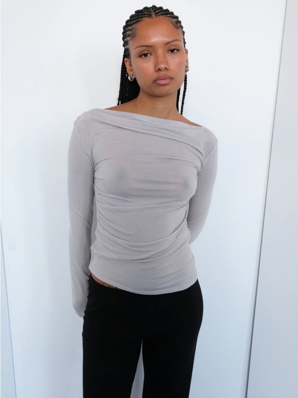 Asymmetric Boatneck Long Sleeve Top in Light Gray DREW TOP
